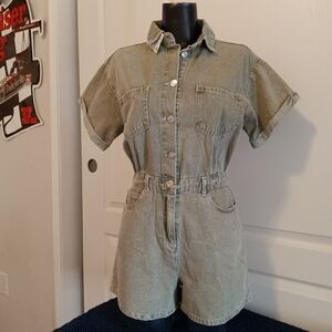 Green Denim Short Sleeve Romper